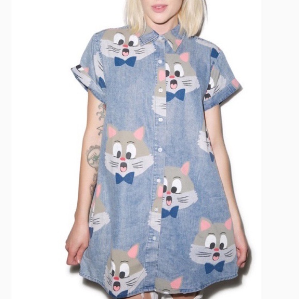 Lazy Oaf cat bowtie denim short sleeve shirt dress